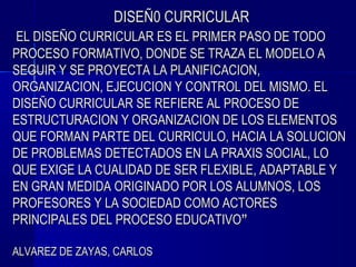 DISEÑ0 CURRICULAR
EL DISEÑO CURRICULAR ES EL PRIMER PASO DE TODO
PROCESO FORMATIVO, DONDE SE TRAZA EL MODELO A
SEGUIR Y SE PROYECTA LA PLANIFICACION,
ORGANIZACION, EJECUCION Y CONTROL DEL MISMO. EL
DISEÑO CURRICULAR SE REFIERE AL PROCESO DE
ESTRUCTURACION Y ORGANIZACION DE LOS ELEMENTOS
QUE FORMAN PARTE DEL CURRICULO, HACIA LA SOLUCION
DE PROBLEMAS DETECTADOS EN LA PRAXIS SOCIAL, LO
QUE EXIGE LA CUALIDAD DE SER FLEXIBLE, ADAPTABLE Y
EN GRAN MEDIDA ORIGINADO POR LOS ALUMNOS, LOS
PROFESORES Y LA SOCIEDAD COMO ACTORES
PRINCIPALES DEL PROCESO EDUCATIVO”

ALVAREZ DE ZAYAS, CARLOS
 