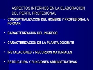 ASPECTOS INTERNOS EN LA ELABORACION
      DEL PERFIL PROFESIONAL
   CONCEPTUALIZACION DEL HOMBRE Y PROFESIONAL A
    FORMAR

   CARACTERIZACION DEL INGRESO

   CARACTERIZACION DE LA PLANTA DOCENTE

   INSTALACIONES Y RECURSOS MATERIALES

   ESTRUCTURA Y FUNCIONES ADMINISTRATIVAS
 