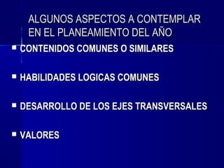 ALGUNOS ASPECTOS A CONTEMPLAR
     EN EL PLANEAMIENTO DEL AÑO
   CONTENIDOS COMUNES O SIMILARES

   HABILIDADES LOGICAS COMUNES

   DESARROLLO DE LOS EJES TRANSVERSALES

   VALORES
 