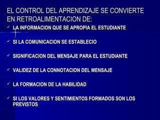 EL CONTROL DEL APRENDIZAJE SE CONVIERTE
EN RETROALIMENTACION DE:
   LA INFORMACION QUE SE APROPIA EL ESTUDIANTE

   SI LA COMUNICACION SE ESTABLECIO

   SIGNIFICACION DEL MENSAJE PARA EL ESTUDIANTE

   VALIDEZ DE LA CONNOTACION DEL MENSAJE

   LA FORMACION DE LA HABILIDAD

   SI LOS VALORES Y SENTIMIENTOS FORMADOS SON LOS
    PREVISTOS
 