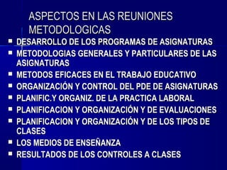 ASPECTOS EN LAS REUNIONES
      METODOLOGICAS
   DESARROLLO DE LOS PROGRAMAS DE ASIGNATURAS
   METODOLOGIAS GENERALES Y PARTICULARES DE LAS
    ASIGNATURAS
   METODOS EFICACES EN EL TRABAJO EDUCATIVO
   ORGANIZACIÓN Y CONTROL DEL PDE DE ASIGNATURAS
   PLANIFIC.Y ORGANIZ. DE LA PRACTICA LABORAL
   PLANIFICACION Y ORGANIZACIÓN Y DE EVALUACIONES
   PLANIFICACION Y ORGANIZACIÓN Y DE LOS TIPOS DE
    CLASES
   LOS MEDIOS DE ENSEÑANZA
   RESULTADOS DE LOS CONTROLES A CLASES
 