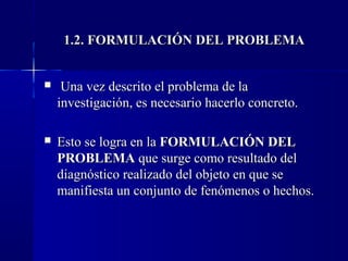1.2. FORMULACIÓN DEL PROBLEMA


    Una vez descrito el problema de la
    investigación, es necesario hacerlo concreto.

   Esto se logra en la FORMULACIÓN DEL
    PROBLEMA que surge como resultado del
    diagnóstico realizado del objeto en que se
    manifiesta un conjunto de fenómenos o hechos.
 
