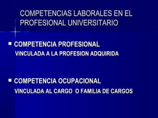 COMPETENCIAS LABORALES EN EL
     PROFESIONAL UNIVERSITARIO

   COMPETENCIA PROFESIONAL
    VINCULADA A LA PROFESION ADQUIRIDA



   COMPETENCIA OCUPACIONAL
    VINCULADA AL CARGO O FAMILIA DE CARGOS
 