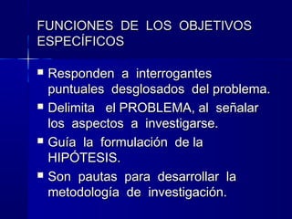 FUNCIONES DE LOS OBJETIVOS
ESPECÍFICOS

   Responden a interrogantes
    puntuales desglosados del problema.
   Delimita el PROBLEMA, al señalar
    los aspectos a investigarse.
   Guía la formulación de la
    HIPÓTESIS.
   Son pautas para desarrollar la
    metodología de investigación.
 