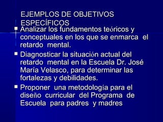 EJEMPLOS DE OBJETIVOS
    ESPECÍFICOS
   Analizar los fundamentos teóricos y
    conceptuales en los que se enmarca el
    retardo mental.
   Diagnosticar la situación actual del
    retardo mental en la Escuela Dr. José
    María Velasco, para determinar las
    fortalezas y debilidades.
   Proponer una metodología para el
    diseño curricular del Programa de
    Escuela para padres y madres
 
