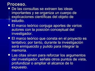 Proceso.
   De las consultas se extraen las ideas
    importantes y se organiza un cuerpo de
    explicaciones científicas del objeto de
    estudio.
   El marco teórico conjuga aportes de varios
    autores con la posición conceptual del
    investigador.
   El marco teórico que consta en el proyecto es
    tentativo; por tanto, durante la investigación
    será enriquecido y pulido para integrar la
    memoria.
   Las citas sirven para reforzar los argumentos
    del investigador, señala otros puntos de vista,
    profundizar o ampliar el alcance de lo
    expuesto.
 