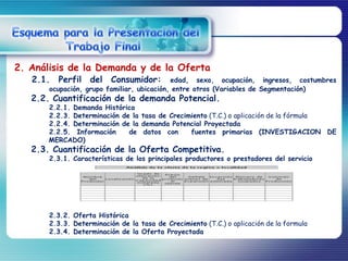 2. Análisis de la Demanda y de la Oferta
   2.1. Perfil del Consumidor:              edad, sexo, ocupación, ingresos, costumbres
       ocupación, grupo familiar, ubicación, entre otros (Variables de Segmentación)
   2.2. Cuantificación de la demanda Potencial.
       2.2.1. Demanda Histórica
       2.2.3. Determinación de la tasa de Crecimiento (T.C.) o aplicación de la fórmula
       2.2.4. Determinación de la demanda Potencial Proyectada
       2.2.5. Información     de datos con      fuentes primarias (INVESTIGACION DE
       MERCADO)
   2.3. Cuantificación de la Oferta Competitiva.
       2.3.1. Características de los principales productores o prestadores del servicio




       2.3.2. Oferta Histórica
       2.3.3. Determinación de la tasa de Crecimiento (T.C.) o aplicación de la formula
       2.3.4. Determinación de la Oferta Proyectada
 