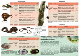 SERPENTES                                                                                                                       ARANHAS
                           Acidente          Soro                              Gravidade                             Nº de                           Acidente         Soro                                 Gravidade                             Nº de
                                                                                                                    ampolas                                                                                                                     ampolas

                                         Antibotrópico    Leve: quadro local discreto, sangramento em pele ou        2a4                                                              Leve: dor local, edema, eritema, sudorese, piloreção         -
                                            (SAB)         mucosas; pode haver apenas distúrbio na coagulação

                           Botrópico                      Moderado: edema e equimose evidentes,                                                                                       Moderada: dor local intensa, sudorese, vômitos
                                        Antibotrópico-    sangramento sem comprometimento do estado geral;           5a8                            Foneutrismo   Antiaracnídico      ocasionais, agitação psicomotora, hipertensão arterial     2a4
                                          laquético       pode haver distúrbio na coagulação                                                                          (SAA)
   Jararaca                                (SABL)
                                                          Grave: alterações locais intensas, hemorragia grave,        12                                                              Grave: sudorese profusa, sialorréia, vômitos profusos,     5 a 10
                                                          hipotensão, anúria                                                                                                          priapismo, choque, edema pulmonar agudo
                                                          Leve: alterações neuroparalíticas discretas; sem             5                                                              Leve: aranha identificada, lesão incaracterística,           -
                                                          mialgia                                                                                                                     ausência de comprometimento sistêmico
                           Laquético    Antibotrópico-                                                                                                            Antiloxoscélico
                                          laquético       Moderado: quadro local presente, pode haver                 10                           Loxoscelismo      (SALox)          Moderada: independentemente da identificação do             5*
                                           (SABL)         sangramentos, sem manifestações vagais                                                                         ou           agente, lesão sugestiva ou característica,
                                                                                                                                                                  antiaracnídico      manifestações sistêmicas inespecíficas (exantema,
                                                          Grave: quadro local intenso, hemorragia intensa com         20                                               (SAA)          febre), ausência de hemólise
                                                          manifestações vagais
                                                                                                                                                                                      Grave: lesão característica, manifestações clínicas         10*
                                                          Moderado: alterações neuroparalíticas evidentes,            10                                                              e/ou evidências laboratoriais de hemólise intravascular
                                                          mialgia e mioglobinúria (urina escura) discretas
                           Crotálico     Anticrotálico
                                                                                                                                                   *Recomenda-se a associação com prednisona: em adultos, 40mg/dia; e em crianças, 1mg/kg/dia,
  Surucucu                                  (SAC)         Grave: alterações neuroparalíticas evidentes, mialgia e     20                           durante 5 dias.
                                                          mioglobinúria intensas, oligúria

                           Elapídico     Antielapídico    Considerar todos os casos potencialmente graves pelo        10                                                                LAGARTAS
                                            (SAE)         risco de insuficiência respiratória
                                                                                                                                                     Acidente        Soro                                 Gravidade                              Nº de
                                                                                                                    DESTES INOCULADORES                                                                                                         ampolas

                                                                                                                                                                                    Leve: quadro local apenas, sem sangramento ou distúrbio        -
                                                                                                                                  BOTHROPS                                          na coagulação
                                                                                                                                  LACHESIS
                                                                                                                                  C R O TA L U S                                    Moderada: quadro local presente ou não, presença de            5
                                                                                                                                                     lonômico     Antilonômico      distúrbio na coagulação, sangramento em pele e/ou
                                                                                                                                                                    (SALon)         mucosas
                             Cascavel                                  Coral                                                   MICRURUS                                             Grave: independente do quadro local, presença de
                                                                                                                                                                                    sangramento em vísceras ou complicações com risco de           10
                                                                                                                                                                                    morte ao paciente

                                                    ESCORPIÕES                                                                 PRIMEIRAS MEDIDAS A SEREM ADOTADAS EM
                        Acidente            Soro                                Gravidade                             Nº de     PACIENTES PICADOS POR PEÇONHENTOS
                                                                                                                     ampolas
                                                                                                                               Assistência Médica ao Paciente
                                                          Leve: dor e parestesia local                                     -
                                                                                                                                  Todo paciente deve receber atendimento por
                                                          Moderada: dor local intensa associada a uma ou mais                  profissional médico para avaliação e indicação do
                                       Antiescorpiônico
                       Escorpiônico        (SAEsc)
                                                          manifestações: náuseas, vômitos, sudorese, sialorréia,      2a3
                                                                                                                               tratamento indicado. Recomenda-se que todos                  Qualidade da Assistência
                                                          agitação, taquipnéia e taquicardia
                                              ou                                                                               aqueles submetidos a soroterapia sejam
                                        Antiaracnídico    Grave: além das citadas na forma moderada, presença                  hospitalizados para monitorar o aparecimento de                 O diagnóstico precoce e o tratamento
                                            (SAA)         de uma ou mais das seguintes manifestações: vômitos                                                                               adequado são fatores fundamentais para o
                                                                                                                               reações, avaliar a eficácia da soroterapia
                                                          profusos e incoercíveis, sudorese profusa, sialorréia       4a6                                                                   prognóstico do paciente. Assim, o profissional de
                                                          intensa, prostração, convulsão, coma, bradicardia,                   (mediante parâmetros para verificar a
                                                          insuficiência cardíaca, edema pulmonar agudo e choque                neutralização dos efeitos do envenenamento) e a              vigilância epidemiológica deve verificar se as
                                                                                                                               ocorrência de complicações locais e sistêmicas,              equipes de assistência estão capacitadas para
Tityus serrulatus                                                                                                                                                                           realizar o diagnostico e aplicar corretamente a
                                                                                                                               em especial a insuficiência renal aguda.
                    OBSERVAÇÃO                                                                                                    As unidades de saúde que aplicam soros                    soroterapia, e se as unidades de saúde dispõem
   Na ausência do soro antiescorpiônico pode-                                                                                  devem contar com materiais e medicamentos                    de antivenenos em quantidade adequada e para
se usar o antiaracnídico, pois o mesmo contem                                                                                  essenciais para a intervenção em caso de reação              todos os tipos de envenenamento.
frações que neutralizam os venenos de Tityus,
                                                                                                                               alérgica ao antiveneno, bem como para a
Phoneutria e Loxosceles                  Tityus paraensis                             Tityus metuendus                         abordagem inicial das complicações.
                                                                                                                                                                                                                                                 Nwart
 