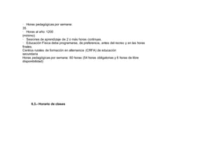 · Horas pedagógicas por semana:
35
· Horas al año: 1200
(mínimo)
· Sesiones de aprendizaje de 2 o más horas continuas.
· Educación Física debe programarse, de preferencia, antes del recreo y en las horas
finales.
Centros rurales de formación en alternancia (CRFA) de educación
secundaria
Horas pedagógicas por semana: 60 horas (54 horas obligatorias y 6 horas de libre
disponibilidad)
6.3.- Horario de clases
 