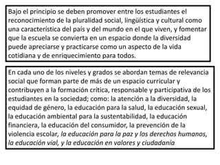 Bajo el principio se deben promover entre los estudiantes el
reconocimiento de la pluralidad social, lingüística y cultural como
una característica del país y del mundo en el que viven, y fomentar
que la escuela se convierta en un espacio donde la diversidad
puede apreciarse y practicarse como un aspecto de la vida
cotidiana y de enriquecimiento para todos.

En cada uno de los niveles y grados se abordan temas de relevancia
social que forman parte de más de un espacio curricular y
contribuyen a la formación crítica, responsable y participativa de los
estudiantes en la sociedad; como: la atención a la diversidad, la
equidad de género, la educación para la salud, la educación sexual,
la educación ambiental para la sustentabilidad, la educación
financiera, la educación del consumidor, la prevención de la
violencia escolar, la educación para la paz y los derechos humanos,
la educación vial, y la educación en valores y ciudadanía
 