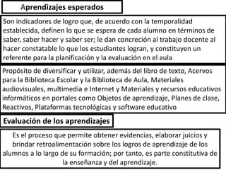 Aprendizajes esperados
Son indicadores de logro que, de acuerdo con la temporalidad
establecida, definen lo que se espera de cada alumno en términos de
saber, saber hacer y saber ser; le dan concreción al trabajo docente al
hacer constatable lo que los estudiantes logran, y constituyen un
referente para la planificación y la evaluación en el aula
Propósito de diversificar y utilizar, además del libro de texto, Acervos
para la Biblioteca Escolar y la Biblioteca de Aula, Materiales
audiovisuales, multimedia e Internet y Materiales y recursos educativos
informáticos en portales como Objetos de aprendizaje, Planes de clase,
Reactivos, Plataformas tecnológicas y software educativo
Evaluación de los aprendizajes
   Es el proceso que permite obtener evidencias, elaborar juicios y
   brindar retroalimentación sobre los logros de aprendizaje de los
alumnos a lo largo de su formación; por tanto, es parte constitutiva de
                    la enseñanza y del aprendizaje.
 