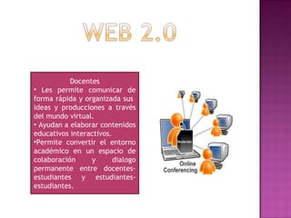 Docentes Les permite comunicar de forma rápida y organizada sus  ideas y producciones a través del mundo virtual. Ayudan a elaborar contenidos educativos interactivos. Permite convertir el entorno académico en un espacio de colaboración y dialogo permanente entre docentes-estudiantes y estudiantes-estudiantes. 
