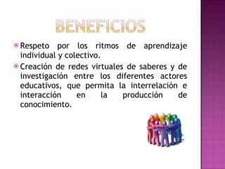 Respeto por los ritmos de aprendizaje individual y colectivo.  Creación de redes virtuales de saberes y de investigación entre los diferentes actores educativos, que permita la interrelación e interacción en la producción de conocimiento.  