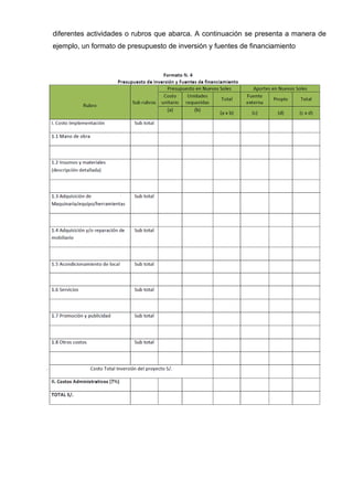 diferentes actividades o rubros que abarca. A continuación se presenta a manera de
ejemplo, un formato de presupuesto de inversión y fuentes de financiamiento
 