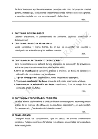 Se debe determinar aquí los antecedentes (autor(es), año, título del proyecto, objetivo
general, metodología, conclusiones y recomendaciones). También debe consignarse,
la estructura capitular con una breve descripción de la misma.
06%
8 CAPÍTULO I: GENERALIDADES
Describir brevemente, el planteamiento del problema, objetivos, justificación y
delimitaciones)
9 CAPÍTULO II: MARCO DE REFERENCIA
Marco conceptual y marco teórico. En el que se desarrollan los estudios e
investigaciones antecedentes y las teorías a manejar.
25%
10 CAPÍTULO III: PLANTEAMIENTO OPERACIONAL
Es la metodología que se aplicará durante el proceso de elaboración del proyecto de
aplicación para alcanzar un resultado teóricamente válido.
1. Nivel de investigación: aplicativo, práctico o empírico. Se busca la aplicación o
utilización del conocimiento que se adquiere.
2. Tipo de investigación: observacional, mixta, longitudinal y descriptiva.
3. Técnica de recolección de datos: encuesta, entrevista, observación y fichaje.
4. Instrumentos de recolección de datos: cuestionario, ficha de cotejo, ficha de
entrevista, check list, fichas
20%
11 CAPÍTULO IV: PROPUESTA DEL PROYECTO
Se debe mostrar objetivamente el producto final de la investigación, haciendo juicios o
análisis de los mismos. ¿Se obtuvieron los resultados esperados?, ¿en qué medida?.
En caso contrario ¿Qué lo determinó de esta manera?
40%
12 CONCLUSIONES
Consignar todos los conocimientos, que se obtuvo de hechos anteriormente
conocidos. Relación sucinta de fortalezas y debilidades encontradas como resultado
de la investigación
 