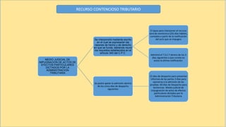 RECURSO CONTENCIOSO TRIBUTARIO
MEDIO JUDICIAL DE
IMPUGNACION DE ACTOS DE
EFECTOS PARTICULARES
DICTADOS POR LA
ADMINISTRACION
TRIBUTARIA
Se interpondrá mediante escrito
en el cual se expresarán las
razones de hecho y de derecho
en que se funda, debiendo reunir
los requisitos establecidos en el
artículo 340 del C.P.C
El lapso para interponer el recurso
será de veinticinco (25) días hábiles,
contados a partir de la notificación
del acto que se impugna
Admitirá el T.S.C.T dentro de los 3
días siguientes a que conste en
autos la última notificación.
Se podrá apelar la admisión dentro
de los cinco días de despacho
siguientes
15 días de despacho para presentar
informes de las partes 3 días para
oponerse a la admisión de las
pruebas. 60 días de Despacho para
Sentenciar. Medio judicial de
impugnación de actos de efectos
particulares dictados por la
Administración Tributaria
 
