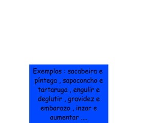 Exemplos : sacabeira e
píntega , sapoconcho e
 tartaruga , engulir e
 deglutir , gravidez e
  embarazo , inzar e
     aumentar ....
 