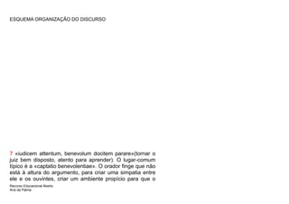 ESQUEMA ORGANIZAÇÃO DO DISCURSO




7 «iudicem attentum, benevolum docitem parare»(tornar o
juiz bem disposto, atento para aprender). O lugar-comum
típico é a «captatio benevolentiae». O orador finge que não
está à altura do argumento, para criar uma simpatia entre
ele e os ouvintes, criar um ambiente propício para que o
Recurso Educacional Aberto
Ana da Palma
 