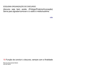 ESQUEMA ORGANIZAÇÃO DO DISCURSO
discurso seja bem aceite. (Prólogo/Proémio/Invocação)
Serve para agradar/comover e o estilo é médio/sublime.


                                                     voltar




10 Função de concluir o discurso, sempre com a finalidade
Recurso Educacional Aberto
Ana da Palma
 