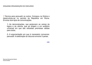 ESQUEMA ORGANIZAÇÃO DO DISCURSO




1 Técnica para persuadir os outros. Começou na Grécia e
desenvolveu-se no período da República em Roma.
Envolve dois tipos de comunicações:

       1- As demonstrações, que pertencem ao campo da
       lógica e da ciência, que se dirigem a um auditório
       universal em que são utilizadas premissas válidas
       para todos.

       2- A argumentação em que é necessário convencer,
       persuadir. A elaboração do discurso envolve 5 partes.


                                                        voltar




Recurso Educacional Aberto
Ana da Palma
 