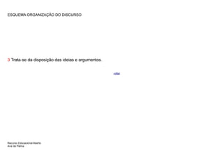 ESQUEMA ORGANIZAÇÃO DO DISCURSO




3 Trata-se da disposição das ideias e argumentos.


                                                    voltar




Recurso Educacional Aberto
Ana da Palma
 
