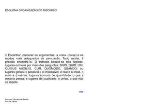 ESQUEMA ORGANIZAÇÃO DO DISCURSO




2 Encontrar, procurar os argumentos, a «res» (coisa) e os
modos mais adequados de persuasão. Tudo existe, é
preciso encontrá-lo. O método baseia-se nos tópicos:
lugares-comuns por meio das perguntas: QUIS, QUID, UBI,
QUIBUS AUXILIIS, CUR, QUOMODO, QUANDO; ou
lugares gerais: o possível e o impossível, o real e o irreal, o
mais e o menos; lugares comuns de quantidade: o que a
maioria pensa; e lugares de qualidade: o único, o que não
se repete.


                                                           voltar



Recurso Educacional Aberto
Ana da Palma
 