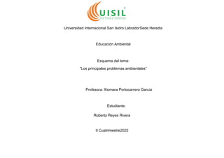 Universidad Internacional San Isidro LabradorSede Heredia
Educación Ambiental
Esquema del tema:
“Los principales problemas...