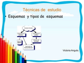 Técnicas de estudio
• Esquemas y tipos de esquemas




                               Victoria Angulo.
 