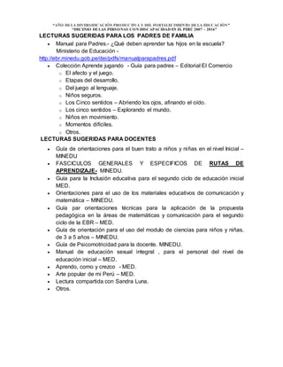 “AÑO DELA DIVERSIFICACIÓN PRODUCTIVA Y DEL FORTALECIMIENTO DELA EDUCACIÓN”
“DECENIO DELAS PERSONAS CON DISCAPACIDAD EN EL PERÚ 2007 – 2016”
LECTURAS SUGERIDAS PARA LOS PADRES DE FAMILIA
 Manual para Padres.- ¿Qué deben aprender tus hijos en la escuela?
Ministerio de Educación -
http://ebr.minedu.gob.pe/dei/pdfs/manualparapadres.pdf
 Colección Aprende jugando - Guía para padres – Editorial El Comercio
o El afecto y el juego.
o Etapas del desarrollo.
o Del juego al lenguaje.
o Niños seguros.
o Los Cinco sentidos – Abriendo los ojos, afinando el oído.
o Los cinco sentidos – Explorando el mundo.
o Niños en movimiento.
o Momentos difíciles.
o Otros.
LECTURAS SUGERIDAS PARA DOCENTES
 Guía de orientaciones para el buen trato a niños y niñas en el nivel Inicial –
MINEDU
 FASCICULOS GENERALES Y ESPECIFICOS DE RUTAS DE
APRENDIZAJE- MINEDU.
 Guía para la Inclusión educativa para el segundo ciclo de educación inicial
MED.
 Orientaciones para el uso de los materiales educativos de comunicación y
matemática – MINEDU.
 Guía par orientaciones técnicas para la aplicación de la propuesta
pedagógica en la áreas de matemáticas y comunicación para el segundo
ciclo de la EBR – MED.
 Guía de orientación para el uso del modulo de ciencias para niños y niñas.
de 3 a 5 años – MINEDU.
 Guía de Psicomotricidad para la docente. MINEDU.
 Manual de educación sexual integral , para el personal del nivel de
educación inicial – MED.
 Aprendo, como y crezco - MED.
 Arte popular de mi Perú – MED.
 Lectura compartida con Sandra Luna.
 Otros.
 