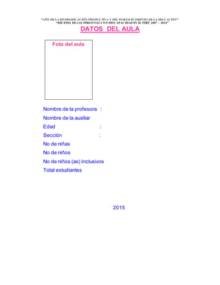 “AÑO DELA DIVERSIFICACIÓN PRODUCTIVA Y DEL FORTALECIMIENTO DELA EDUCACIÓN”
“DECENIO DELAS PERSONAS CON DISCAPACIDAD EN EL PERÚ 2007 – 2016”
DATOS DEL AULA
Nombre de la profesora :
Nombre de la auxiliar
Edad :
Sección :
No de niñas
No de niños
No de niños (as) Inclusivos
Total estudiantes
2015
Foto del aula
 