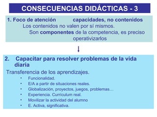 CONSECUENCIAS DIDÁCTICAS - 3 2.  Capacitar para resolver problemas de la vida diaria Transferencia de los aprendizajes. Funcionalidad. E/A a partir de situaciones reales. Globalización, proyectos, juegos, problemas… Experiencia. Currículum real. Movilizar la actividad del alumno E. Activa, significativa. 1. Foco de atención   capacidades, no contenidos Los contenidos no valen por sí mismos. Son  componentes  de la competencia, es preciso operativizarlos 