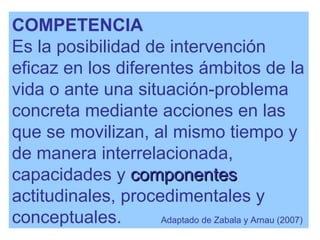 COMPETENCIA  Es la posibilidad de intervención eficaz en los diferentes ámbitos de la vida o ante una situación-problema concreta mediante acciones en las que se movilizan, al mismo tiempo y de manera interrelacionada, capacidades y  componentes  actitudinales, procedimentales y conceptuales.  Adaptado de Zabala y Arnau (2007) 