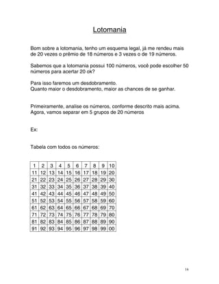 ULotomania
m esquema legal, já me rendeu mais
eros e 3 vezes o de 19 números.
abemos que a lotomania possui 100 números, você pode escolher 50
n e s r c ta 0 k
abela com todos os números:
Bom sobre a lotomania, tenho u
e 20 vezes o prêmio de 18 núm
d
S
úm ro pa a a er r 2 o ?
Para isso faremos um desdobramento.
Quanto maior o desdobramento, maior as chances de se ganhar.
Primeiramente, analise os números, conforme descrito mais acima.
Agora, vamos separar em 5 grupos de 20 números
Ex:
T
1 2 3 4 5 6 7 8 9 10
11 12 13 14 15 16 17 18 19 20
21 2 2 4 26 2 8 9 3
2 3 2 25 7 2 2 0
31 32 33 34 8
35 36 37 3 39 40
41 42 43 44 8
45 46 47 4 49 50
51 52 53 54 8
55 56 57 5 59 60
61 62 63 64 8
65 66 67 6 69 70
71 72 73 74 75 76 77 78 79 80
81 82 83 84 85 86 87 88 89 90
91 92 93 94 95 96 97 98 99 00
16
 