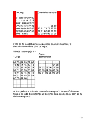 10 Jogo Como desmembrar
0 0 04 06 9
1 2 07 0
11 12 14 16 17 19
20 21 23 25 28 29
30 33 34 35 37 38 66 69
40 43 44 45 47 48 70 71 73 75 78 79
52 53 54 56 57 58 80 81 82 85 86 89
60 61 62 65 92 93 94 9 9 98
6 7
Feit os 10 e do ramen s ar iai a ora iremos fazer o
esdobramento final para os jogos.
Jogo
Como
desmembrar
0 03 04 05 07 08
o D s b to p c s, g
d
Vamos fazer o jogo 1 –
1
0
10 13 14 15 17 18 67 68
21 22 24 26 27 29 71 72 74 76 77 79
30 31 32 35 36 39 82 83 84 86 87 88
4 98
0 41 42 45 46 49 90 91 93 95 99
50 5
51 3 55 58 59
62 63 64 66
Acim po squer o te
fixas, e ao lado direito temos 30 dezenas para desmembrar com as 40
d e
a demos entender que ao lado e d mos 40 dezenas
o lado squerdo.
21
 