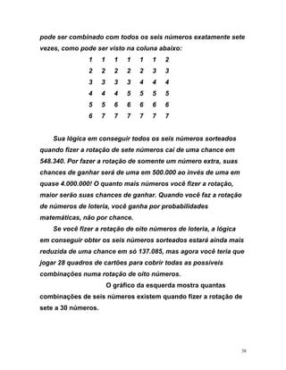 p e ser combinado com todos os seis números exatamente se
vezes, como pode ser visto na coluna abaixo:
1 1 1 1 1 1 2
2 2 2 2 2 3 3
3 3 3 3 4 4 4
4 4 4 5 5 5 5
5 5 6 6 6 6 6
6 7 7 7
od te
7 7 7
uas
invés de uma em
quase 4.000.000! O quanto mais números você fizer a rotação,
a, você ganha por probabilidades
mate
orteados estará ainda mais
edu ue
querda mostra quantas
de
Sua lógica em conseguir todos os seis números sorteados
quando fizer a rotação de sete números cai de uma chance em
548.340. Por fazer a rotação de somente um número extra, s
chances de ganhar será de uma em 500.000 ao
maior serão suas chances de ganhar. Quando você faz a rotação
de números de loteri
máticas, não por chance.
Se você fizer a rotação de oito números de loteria, a lógica
em conseguir obter os seis números s
r zida de uma chance em só 137.085, mas agora você teria q
jogar 28 quadros de cartões para cobrir todas as possíveis
combinações numa rotação de oito números.
O gráfico da es
combinações de seis números existem quando fizer a rotação
sete a 30 números.
38
 