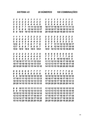 S T M 4 20 NÚMEROS 100 COMBINAÇÕES
16 17 17 16 11
9 8 12 14 13 13 17 9 18 8 7 9 8 8 2 4 3
19 5
2
3
3 7 9 8 8 7 9 8 8 7 9 8 8 12 14 13 13 17 19 18
5 8 10 9 10 8 10 9 10 8 10 9 10 13 15 14 15 18 20 19
4 6 7 7 7 7 7 7 7 7 8 8
5 7 9 9 9 9 10 10 10 10 9 9
17 16 16 17 17 11 11 12 12 8 11 11 12 13 16 16 17 18 16 16
18
20
6 6 6 6 6 7 7 7 7
8 8 8 9 9 9 9 9 9 9
9
1 11 11 11 11 12 12 12 12 12 12 12 12 15
9
IS E A 3
1 1 1 1 1 1 1 1 1 1 1 1 1 1 1 1 1 1 1 1
2 2 2 2 2 2 2 2 2 2 2 2 2 3 3 3 3 3 3 3
3 3 3 3 3 4 4 4 4 5 5 5 5 4 4 4 4 5 5 5
4 6 6 7 7 11 11 12 12 16 16 17 17 11 12
5 7 8 1 1 1 1 1 1 1 1 1
6 8 10 9 10 13 15 14 15 18 20 20 18 20 19 20 13 1 14
1 1 1 1 1 2 2 2 2 2 2 2 2 2 2 2 2 2 2
3 4 4 4 4 3 3 3 3 3 3 3 3 3 3 3 3 3 3
5 5 5 5 5 4 4 4 4 5 5 5 5 5 5 5 5 5 5 5
12 6 6 7 7 6 6 7 7 6 6 7 7 11 11 12 12 16 16 17
1
1
2 2 2 2 2 3 3 3 3 5 6 6 6 6 6 6 6 6 6 6
3 4 4 4 4 4 4 4
5 5 5 5 5 5 5 5
17 19 18 18 12 14 13 13 9 12 13 13 14 17 18 18 19 17 18
18 20 19 20 13 15 14 15 10 14 15 15 15 19 20 20 20 19 20
7 7 7 7 7 7 7 7 8 8
6
8 8 8 8 8 8 8 8 8 8
9 10 10 10 10 10 10 10 10 10 10 10 10 10 10 10 10 10 10
17 18 11 11 12 13 11 11 12 13 16 16 17 18 16 16 17 18 11 11
18 19 12 13 13 14 12 13 13 14 17 18 18 19 17 18 18 19 12 13
20 20 14 15 15 15 14 15 15 15 19 20 20 20 19 20 20 20 14 15
8 8 10 11 11 11 1
9 11 12 12 12 12 13 13 13 13 13 13 13 13 14 14 14 14 16
10 10 12 15 15 15 15 14 14 14 14 15 15 15 15 15 15 15 15 17
12 13 13 16 16 17 17 16 16 17 17 16 16 17 17 16 16 17 17 18
13 14 14 17 18 18 19 17 18 18 19 17 18 18 19 17 18 18 19 19
15 15 15 20 19 20 20 20 19 20 20 20 19 20 20 20 19 20 20 20
49
 