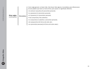 35
©
2009
Santillana
Educación,
S.
L.
17
Ortografía:
tildes
Monosílabos
Como regla general, no llevan tilde. Solo llevan tilde algunos monosílabos para diferenciarse
de otra palabra que tiene la misma forma, pero posee un significado diferente.

el (artículo masculino)/él (pronombre personal).

tu (posesivo)/tú (pronombre personal).

mi (posesivo)/mí (pronombre personal).

mas (conjunción)/más (adverbio).

si (conjunción)/sí (adverbio o pronombre personal).

de (preposición)/dé (forma del verbo dar).

se (pronombre personal)/sé (forma del verbo saber).
Otras reglas
(continuación)
165715 _ 0001-0040.indd 35 3/7/09 10:00:40
 