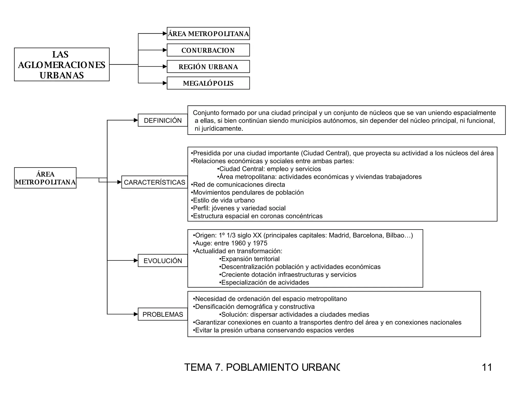 LAS  AGLOMERACIONES URBANAS Conjunto formado por una ciudad principal y un conjunto de núcleos que se van uniendo espacialmente a ellas, si bien continúan siendo municipios autónomos, sin depender del núcleo principal, ni funcional, ni jurídicamente. ÁREA METROPOLITANA REGIÓN URBANA CONURBACION MEGALÓPOLIS ÁREA METROPOLITANA Presidida por una ciudad importante (Ciudad Central), que proyecta su actividad a los núcleos del área Relaciones económicas y sociales entre ambas partes: Ciudad Central: empleo y servicios Área metropolitana: actividades económicas y viviendas trabajadores Red de comunicaciones directa Movimientos pendulares de población Estilo de vida urbano Perfil: jóvenes y variedad social Estructura espacial en coronas concéntricas Origen: 1º 1/3 siglo XX (principales capitales: Madrid, Barcelona, Bilbao…) Auge: entre 1960 y 1975 Actualidad en transformación: Expansión territorial Descentralización población y actividades económicas Creciente dotación infraestructuras y servicios Especialización de acividades Necesidad de ordenación del espacio metropolitano Densificación demográfica y constructiva Solución: dispersar actividades a ciudades medias Garantizar conexiones en cuanto a transportes dentro del área y en conexiones nacionales Evitar la presión urbana conservando espacios verdes DEFINICIÓN CARACTERÍSTICAS EVOLUCIÓN PROBLEMAS 