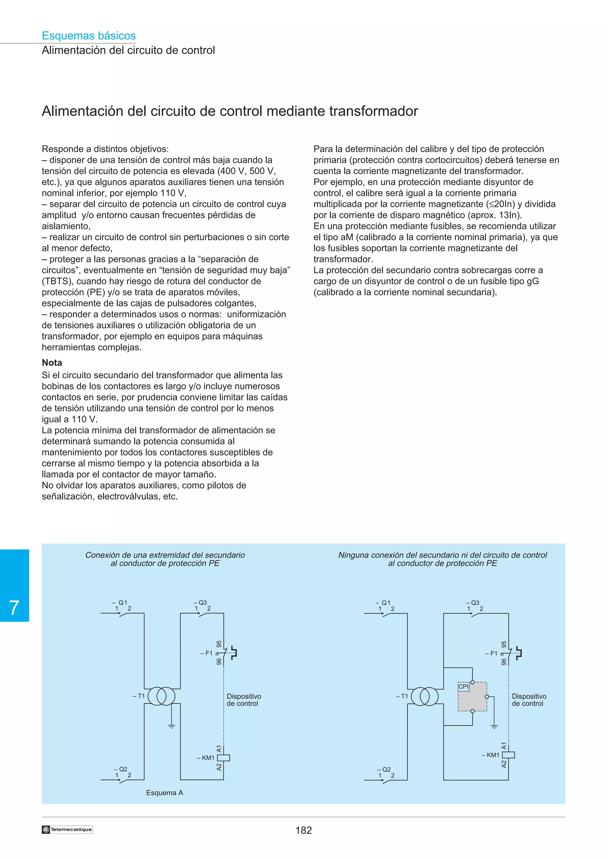 Esquemas básicos
Alimentación del circuito de control

Alimentación del circuito de control mediante transformador
Responde a distintos objetivos:
– disponer de una tensión de control más baja cuando la
tensión del circuito de potencia es elevada (400 V, 500 V,
etc.), ya que algunos aparatos auxiliares tienen una tensión
nominal inferior, por ejemplo 110 V,
– separar del circuito de potencia un circuito de control cuya
amplitud y/o entorno causan frecuentes pérdidas de
aislamiento,
– realizar un circuito de control sin perturbaciones o sin corte
al menor defecto,
– proteger a las personas gracias a la “separación de
circuitos”, eventualmente en “tensión de seguridad muy baja”
(TBTS), cuando hay riesgo de rotura del conductor de
protección (PE) y/o se trata de aparatos móviles,
especialmente de las cajas de pulsadores colgantes,
– responder a determinados usos o normas: uniformización
de tensiones auxiliares o utilización obligatoria de un
transformador, por ejemplo en equipos para máquinas
herramientas complejas.

Para la determinación del calibre y del tipo de protección
primaria (protección contra cortocircuitos) deberá tenerse en
cuenta la corriente magnetizante del transformador.
Por ejemplo, en una protección mediante disyuntor de
control, el calibre será igual a la corriente primaria
multiplicada por la corriente magnetizante (≤20In) y dividida
por la corriente de disparo magnético (aprox. 13In).
En una protección mediante fusibles, se recomienda utilizar
el tipo aM (calibrado a la corriente nominal primaria), ya que
los fusibles soportan la corriente magnetizante del
transformador.
La protección del secundario contra sobrecargas corre a
cargo de un disyuntor de control o de un fusible tipo gG
(calibrado a la corriente nominal secundaria).

Nota
Si el circuito secundario del transformador que alimenta las
bobinas de los contactores es largo y/o incluye numerosos
contactos en serie, por prudencia conviene limitar las caídas
de tensión utilizando una tensión de control por lo menos
igual a 110 V.
La potencia mínima del transformador de alimentación se
determinará sumando la potencia consumida al
mantenimiento por todos los contactores susceptibles de
cerrarse al mismo tiempo y la potencia absorbida a la
llamada por el contactor de mayor tamaño.
No olvidar los aparatos auxiliares, como pilotos de
señalización, electroválvulas, etc.

Conexión de una extremidad del secundario
al conductor de protección PE

7

– Q3
1
2

– Q1
1
2

– Q3
1
2

95

95

– Q1
1
2

Ninguna conexión del secundario ni del circuito de control
al conductor de protección PE

– F1

96

96

– F1

CPI

Dispositivo
de control

Dispositivo
de control

A1

– T1

A1

– T1

A2

– Q2
1
2

– Q2
1
2

Esquema A

†

182

A2

– KM1

– KM1

 