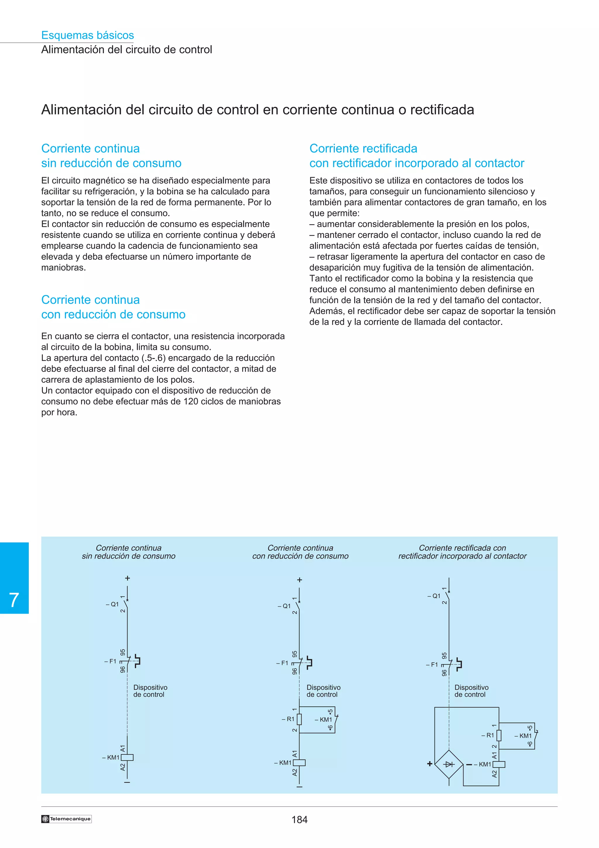 Esquemas básicos
Alimentación del circuito de control

Alimentación del circuito de control en corriente continua o rectificada
Corriente continua
sin reducción de consumo

Corriente rectificada
con rectificador incorporado al contactor

El circuito magnético se ha diseñado especialmente para
facilitar su refrigeración, y la bobina se ha calculado para
soportar la tensión de la red de forma permanente. Por lo
tanto, no se reduce el consumo.
El contactor sin reducción de consumo es especialmente
resistente cuando se utiliza en corriente continua y deberá
emplearse cuando la cadencia de funcionamiento sea
elevada y deba efectuarse un número importante de
maniobras.

Este dispositivo se utiliza en contactores de todos los
tamaños, para conseguir un funcionamiento silencioso y
también para alimentar contactores de gran tamaño, en los
que permite:
– aumentar considerablemente la presión en los polos,
– mantener cerrado el contactor, incluso cuando la red de
alimentación está afectada por fuertes caídas de tensión,
– retrasar ligeramente la apertura del contactor en caso de
desaparición muy fugitiva de la tensión de alimentación.
Tanto el rectificador como la bobina y la resistencia que
reduce el consumo al mantenimiento deben definirse en
función de la tensión de la red y del tamaño del contactor.
Además, el rectificador debe ser capaz de soportar la tensión
de la red y la corriente de llamada del contactor.

Corriente continua
con reducción de consumo
En cuanto se cierra el contactor, una resistencia incorporada
al circuito de la bobina, limita su consumo.
La apertura del contacto (.5-.6) encargado de la reducción
debe efectuarse al final del cierre del contactor, a mitad de
carrera de aplastamiento de los polos.
Un contactor equipado con el dispositivo de reducción de
consumo no debe efectuar más de 120 ciclos de maniobras
por hora.

Corriente continua
con reducción de consumo

+

Corriente rectificada con
rectificador incorporado al contactor

+
1

Corriente continua
sin reducción de consumo

– Q1

– Q1

2

1

1

– F1

– R1

Dispositivo
de control

•5

Dispositivo
de control
1

Dispositivo
de control

96

96

†

–
184

A1 2

+

– – KM1
A2

–

– KM1

A2

A2

– KM1

A1

A1

– R1

•5

2

– KM1

– KM1

•6

96

– F1

1

– F1

95

95

95

2

2

– Q1

•6

7

 