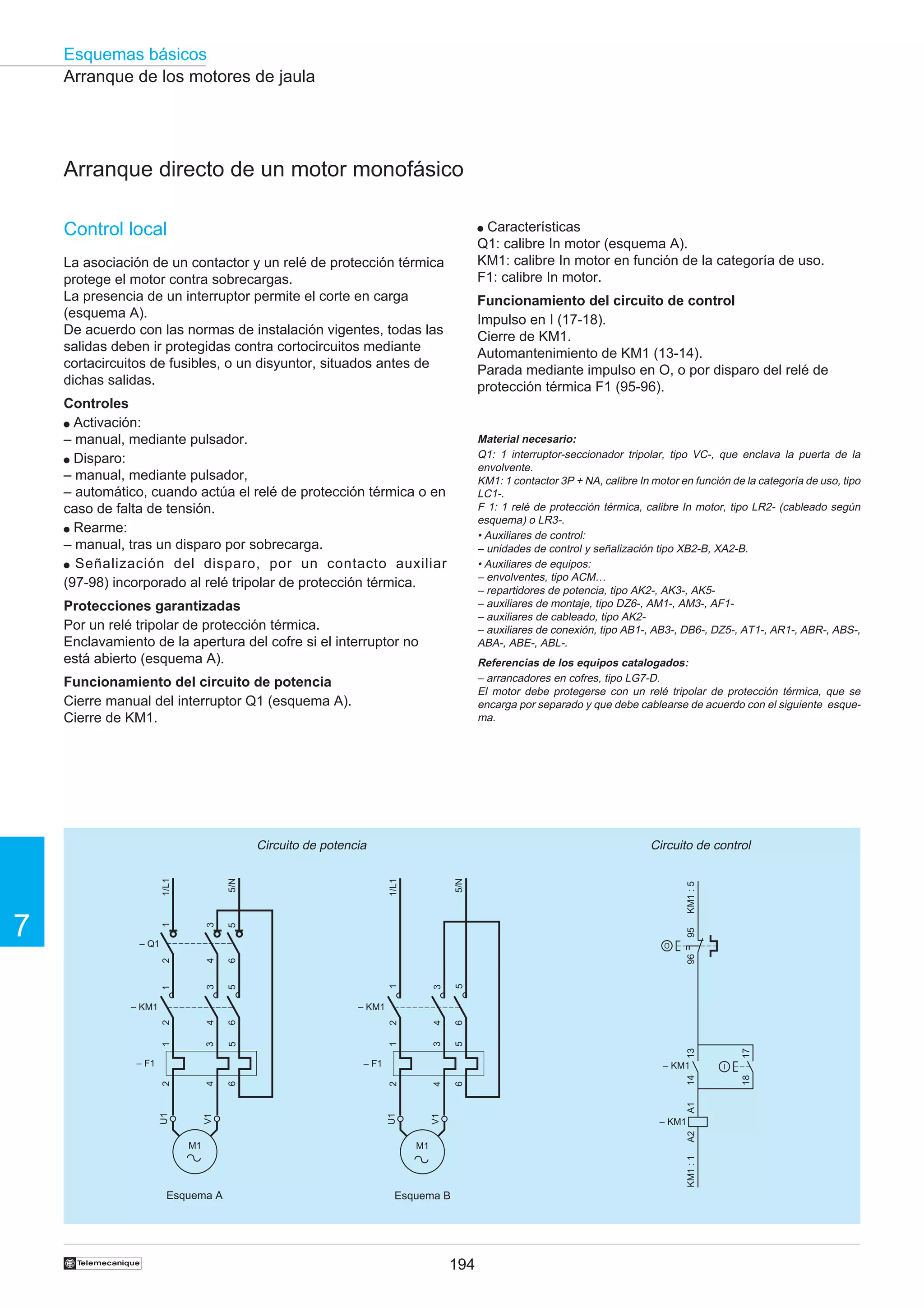 Esquemas básicos
Arranque de los motores de jaula

Arranque directo de un motor monofásico
Características
Q1: calibre In motor (esquema A).
KM1: calibre In motor en función de la categoría de uso.
F1: calibre In motor.

Control local

●

La asociación de un contactor y un relé de protección térmica
protege el motor contra sobrecargas.
La presencia de un interruptor permite el corte en carga
(esquema A).
De acuerdo con las normas de instalación vigentes, todas las
salidas deben ir protegidas contra cortocircuitos mediante
cortacircuitos de fusibles, o un disyuntor, situados antes de
dichas salidas.

Funcionamiento del circuito de control
Impulso en I (17-18).
Cierre de KM1.
Automantenimiento de KM1 (13-14).
Parada mediante impulso en O, o por disparo del relé de
protección térmica F1 (95-96).

Controles
● Activación:
– manual, mediante pulsador.
● Disparo:
– manual, mediante pulsador,
– automático, cuando actúa el relé de protección térmica o en
caso de falta de tensión.
● Rearme:
– manual, tras un disparo por sobrecarga.
● Señalización del disparo, por un contacto auxiliar
(97-98) incorporado al relé tripolar de protección térmica.

Material necesario:
Q1: 1 interruptor-seccionador tripolar, tipo VC-, que enclava la puerta de la
envolvente.
KM1: 1 contactor 3P + NA, calibre In motor en función de la categoría de uso, tipo
LC1-.
F 1: 1 relé de protección térmica, calibre In motor, tipo LR2- (cableado según
esquema) o LR3-.
• Auxiliares de control:
– unidades de control y señalización tipo XB2-B, XA2-B.
• Auxiliares de equipos:
– envolventes, tipo ACM…
– repartidores de potencia, tipo AK2-, AK3-, AK5– auxiliares de montaje, tipo DZ6-, AM1-, AM3-, AF1– auxiliares de cableado, tipo AK2– auxiliares de conexión, tipo AB1-, AB3-, DB6-, DZ5-, AT1-, AR1-, ABR-, ABS-,
ABA-, ABE-, ABL-.

Protecciones garantizadas
Por un relé tripolar de protección térmica.
Enclavamiento de la apertura del cofre si el interruptor no
está abierto (esquema A).

Referencias de los equipos catalogados:
– arrancadores en cofres, tipo LG7-D.
El motor debe protegerse con un relé tripolar de protección térmica, que se
encarga por separado y que debe cablearse de acuerdo con el siguiente esquema.

Funcionamiento del circuito de potencia
Cierre manual del interruptor Q1 (esquema A).
Cierre de KM1.

KM1 : 5

5/N

1/L1

95

3

5

1

Circuito de control

– Q1

96
3

5

4

6

3

5

1

6

2

4
3

5

– KM1

1

2
1

O

V1

14
A1

6

4

2

– KM1

U1

– KM1
A2

V1

6

4

2

– F1

M1

Esquema A

Esquema B

KM1 : 1

M1

†

194

17

6
5

– F1

I

18

4
3

13

2
1

– KM1

U1

7

5/N

1/L1

Circuito de potencia

 