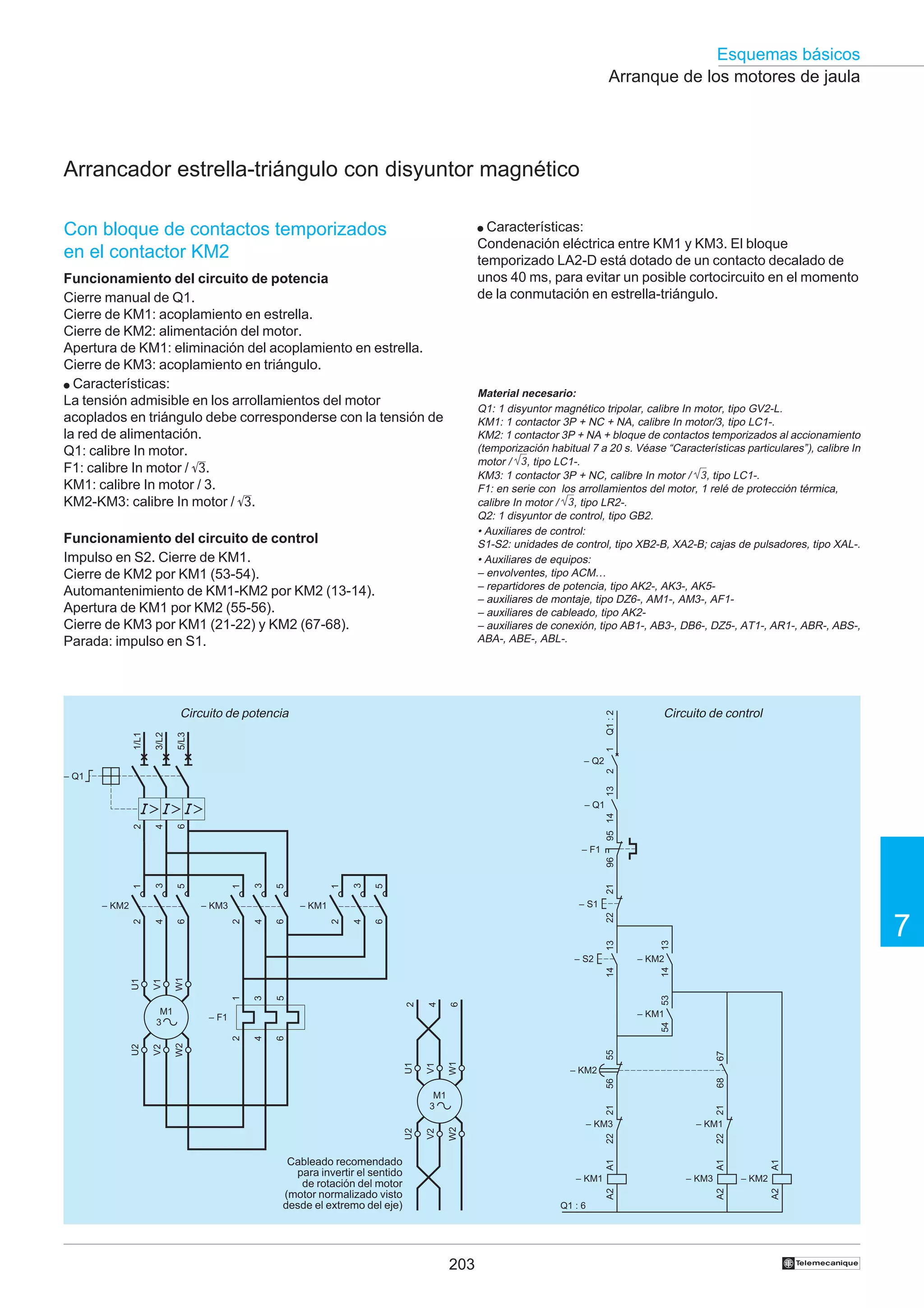 Esquemas básicos
Arranque de los motores de jaula

Arrancador estrella-triángulo con disyuntor magnético
● Características:
Condenación eléctrica entre KM1 y KM3. El bloque
temporizado LA2-D está dotado de un contacto decalado de
unos 40 ms, para evitar un posible cortocircuito en el momento
de la conmutación en estrella-triángulo.

Con bloque de contactos temporizados
en el contactor KM2
Funcionamiento del circuito de potencia
Cierre manual de Q1.
Cierre de KM1: acoplamiento en estrella.
Cierre de KM2: alimentación del motor.
Apertura de KM1: eliminación del acoplamiento en estrella.
Cierre de KM3: acoplamiento en triángulo.
● Características:
La tensión admisible en los arrollamientos del motor
acoplados en triángulo debe corresponderse con la tensión de
la red de alimentación.
Q1: calibre In motor.
F1: calibre In motor / 3.
KM1: calibre In motor / 3.
KM2-KM3: calibre In motor / 3.

Material necesario:
Q1: 1 disyuntor magnético tripolar, calibre In motor, tipo GV2-L.
KM1: 1 contactor 3P + NC + NA, calibre In motor/3, tipo LC1-.
KM2: 1 contactor 3P + NA + bloque de contactos temporizados al accionamiento
(temporización habitual 7 a 20 s. Véase “Características particulares”), calibre In
motor / 3, tipo LC1-.
KM3: 1 contactor 3P + NC, calibre In motor / 3, tipo LC1-.
F1: en serie con los arrollamientos del motor, 1 relé de protección térmica,
calibre In motor / 3, tipo LR2-.
Q2: 1 disyuntor de control, tipo GB2.
• Auxiliares de control:
S1-S2: unidades de control, tipo XB2-B, XA2-B; cajas de pulsadores, tipo XAL-.
• Auxiliares de equipos:
– envolventes, tipo ACM…
– repartidores de potencia, tipo AK2-, AK3-, AK5– auxiliares de montaje, tipo DZ6-, AM1-, AM3-, AF1– auxiliares de cableado, tipo AK2– auxiliares de conexión, tipo AB1-, AB3-, DB6-, DZ5-, AT1-, AR1-, ABR-, ABS-,
ABA-, ABE-, ABL-.

Funcionamiento del circuito de control
Impulso en S2. Cierre de KM1.
Cierre de KM2 por KM1 (53-54).
Automantenimiento de KM1-KM2 por KM2 (13-14).
Apertura de KM1 por KM2 (55-56).
Cierre de KM3 por KM1 (21-22) y KM2 (67-68).
Parada: impulso en S1.

Q1 : 2

Circuito de control

1

5/L3

3/L2

1/L1

Circuito de potencia

2

– Q2

13

– Q1

95 14

6

4

2

– Q1

21

3

5

22
14

53

6

4

2

5

3

1

W1

– KM1
6

67

55

68

56

21
– KM3

A2

– KM1

A1

A1

22
A1

Cableado recomendado
para invertir el sentido
de rotación del motor
(motor normalizado visto
desde el extremo del eje)

– KM1

22

21
– KM3

W2

U2

M1
3

– KM2
A2

W1

V1

U1

– KM2

A2

4

W2

2

54

– F1

V2

U1

V1
V2

U2

13

6

4

2

6

4

13

– KM2

– S2

M1
3

7

14

3

5

1

– S1

– KM1
2

6

4

– KM3
2

– KM2

1

3

5

1

96

– F1

Q1 : 6

203

†

 