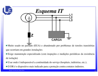 Esquema IT 
Muito usado no passado (EUA) e abandonado por problemas de tensões transitórias 
que ocorriam em grandes instalações 
Exige manutenção especializada (com inspeções e medições periódicas da resistência 
de isolação) 
Usar onde é indispensável a continuidade do serviço (hospitais, indústrias, etc.); 
O DR é o dispositivo mais indicado para a proteção contra contatos indiretos. 
Sérgio Ferreira de Paula Silva 11 
