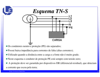 Esquema TN-S 
Os condutores neutro e proteção (PE) são separados; 
Possui baixa impedância para correntes de falta (altas correntes); 
Utilizado quando a distância entre a carga e a fonte não é muito grade; 
Neste esquema o condutor de proteção PE está sempre com tensão zero; 
A proteção deve ser garantida por dispositivos DR (diferencial-residual), que detectam 
a corrente que escoa pela terra; 
Sérgio Ferreira de Paula Silva 7 
 