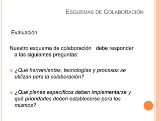 ESQUEMAS DE COLABORACIÓN
Evaluación:
Nuestro esquema de colaboración debe responder
a las siguientes preguntas:
 ¿Qué herramientas, tecnologías y procesos se
utilizan para la colaboración?
 ¿Qué planes específicos deben implementarse y
qué prioridades deben establecerse para los
mismos?
 