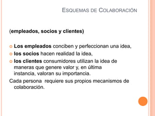 ESQUEMAS DE COLABORACIÓN
(empleados, socios y clientes)
 Los empleados conciben y perfeccionan una idea,
 los socios hacen realidad la idea,
 los clientes consumidores utilizan la idea de
maneras que genere valor y, en última
instancia, valoran su importancia.
Cada persona requiere sus propios mecanismos de
colaboración.
 