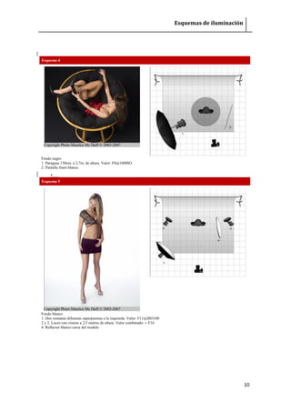 Esquemas de iluminación 
10 
Esquema 4 Copyright Photo Maurice Mc Duff © 2003-2007 
Fondo negro 1. Paraguas 150cm. a 2,7m. de altura. Valor: F8@100ISO 2. Pantalla foam blanca 
 Esquema 5 Copyright Photo Maurice Mc Duff © 2003-2007 
Fondo blanco 1. Dos ventanas difusoras superpuestas a la izquierda. Valor: F11@ISO100 2 y 3. Luces con viseras a 2,5 metros de altura. Valor combinado: ± F16 4. Reflector blanco cerca del modelo 
 