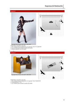 Esquemas de iluminación 
9 
Esquema 2 Copyright Photo Maurice Mc Duff © 2003-2007 
Fondo blanco convertido a gris claro. 1. Dos ventanas difusoras superpuestas a la izquierda. Valor: F6,7@ISO100 2. Luz con difusor para eliminar la sombra del modelo 3. Reflector plateado cerca del modelo 
 Esquema 3 Copyright Photo Maurice Mc Duff © 2003-2007 
Fondo blanco convertido a gris claro. 1. Dos ventanas difusoras superpuestas a la izquierda. Valor: F8@ISO100 2. Ventana difusora ± F5,6 3. Luz condifusor para eliminar la sombre del modelo 
 