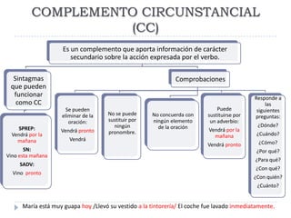 COMPLEMENTO CIRCUNSTANCIAL
                    (CC)
                     Es un complemento que aporta información de carác...