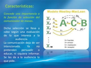 Caracterí
         sticas:
Concede una importancia a
la función de selección del
comunicador de masas.

Dicha selección se lleva a
cabo según una evaluación
de lo que interesa a la
          audiencia.
La comunicación deja de ser
intencionada.      Ya     no
pretenden      persuadir   o
educar, ni siquiera informar.
Se les da a la audiencia lo
que pide.
 